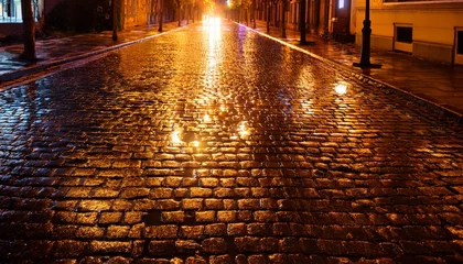  wet cobblestone street reflecting warm golden light during nighttime scene © Abele