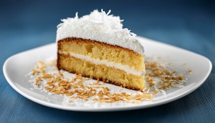 a slice of delicious coconut cake with whipped cream and toasted coconut flakes on a white plate