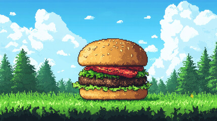 Pixel art burger in a pixelated landscape with trees, grass, and sky. For gaming, retro themes, food art blogs, or fun digital content.