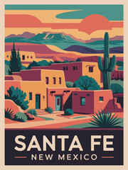 Fototapeta premium Santa Fe, New Mexico, USA travel destination poster in retro style. Colorful vintage vector illustration