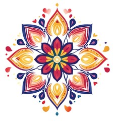 Logo of a mandala with hearts and leaves in red, green, and orange colors on a white background