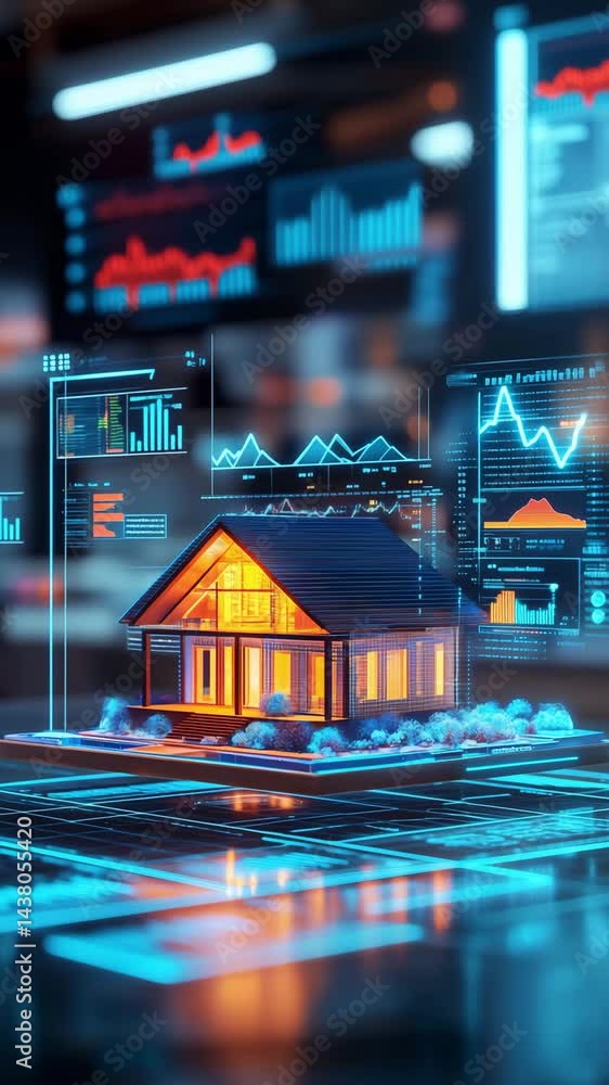 Poster a holographic house model is featured in a tech environment with data analytics projected on surroun