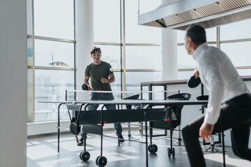 Two diverse colleagues engage in a fun game of table tennis inside a modern office space. The...