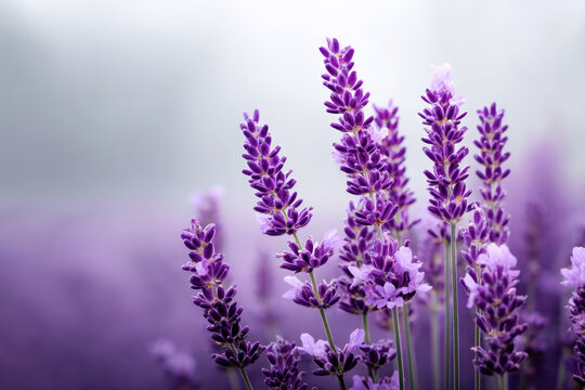 Blooming lavender flowers with delicate purple spikes on soft blurred background, known for calming nerves, improving sleep, relieving stress, and soothing headaches.