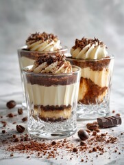 Tiramisu Dessert Served in Elegant Glass Cups on a Sleek Marble-White Surface With an Artistic Food Layout