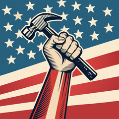 Happy Labor Day Celebrating The Dignity Of Work .,Happy Labor Day Patriotic Illustration With Clenched Fist Holding Hammer 
