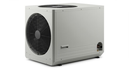 Fototapeta premium A close up shot of a gray air conditioning unit with a black fan on a white background in a studio setting