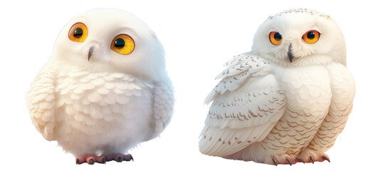 Obraz premium Illustration set of Cartoon Snowy Owl with Piercing Yellow Eyes on Isolated Transparent Background