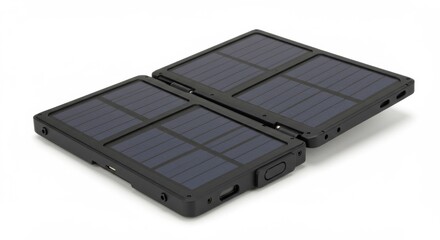 A folded portable solar panel charger with a black frame on a white background in a studio shot