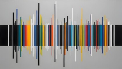 Obraz premium Vibrant abstract artwork featuring a multitude of colorful vertical lines against a gray background creating a dynamic and energetic visual rhythm with bold black and white accents