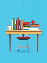 Illustration of study desk with books apple and mug against a blue colored background scene view