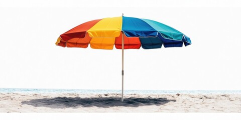 Multi-colored beach umbrella standing in sand, casting shadow. Use for travel brochures, summer ads, or beach vacation themes.