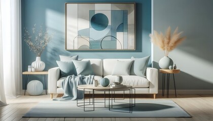 Modern living room in serene blue tones with a cozy white sofa, abstract decor, and a minimalist side table arrangement.