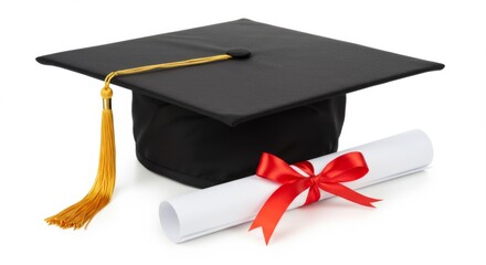 Graduation cap with diploma and red ribbon