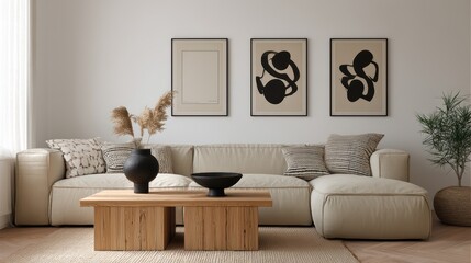 Beige modern living room with minimalist decor, natural tones and cozy atmosphere featuring abstract art and wooden elements.
