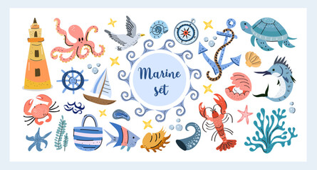 Marine Set Summer Beach Clipart Collection. Hand drawn marine set featuring lighthouse, anchor, octopus, turtle, fishes, seashells, and sailing boat. Perfect for summer designs