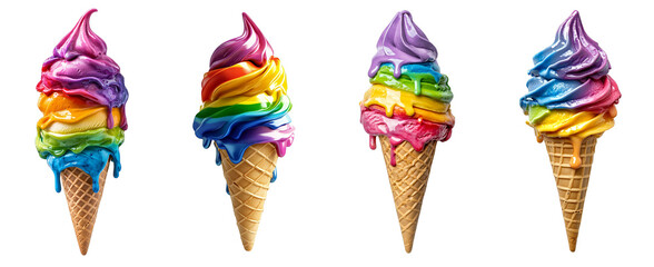 Colorful ice cream cones with swirled toppings and vibrant hues on transparent background
