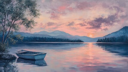 Serene Sunset Lake Landscape Painting: A Solitary Boat at Dusk