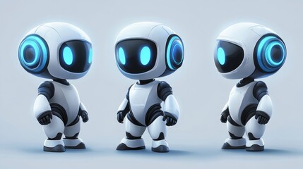 Three cute, white robots with blue glowing eyes in different poses on a light gray background.