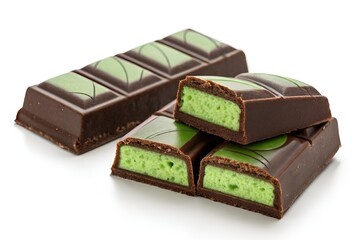 Mint Chocolate Bars Cut Open with Bright Green Filling on Minimal White Background
