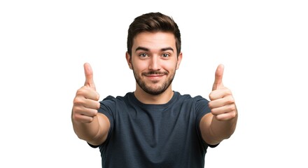 A person with brown hair, wearing a dark-colored t-shirt, smiles and raises both thumbs up against a pure white background, radiating positivity.
