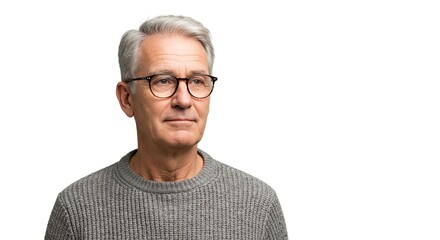 Obraz premium A portrait of a mature man with gray hair wearing a gray sweater and glasses against a white backdrop, looking off to the side.