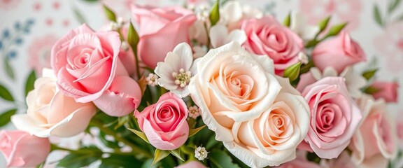 Obraz premium Pastel pink and white roses, delicate blossoms, soft summer bouquet on festive floral background, flowers, floral design
