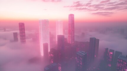 Fototapeta premium Digital Cityscape Floating Above Clouds at Sunset with Vibrant Colors