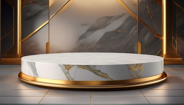 round podium made of white marble with gold inserts for product presentation modern podium background for luxury product concept stage stage for promotion sale cosmetics demonstration