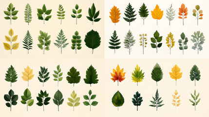 Naklejka premium Botanical Assortment of Diverse Leaf Shapes and Colors on a Cream Background Studio Shot