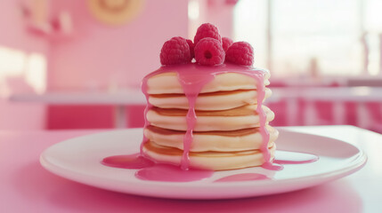 Pancakes with pink syrup and raspberries, styled in a 90s retro cafe