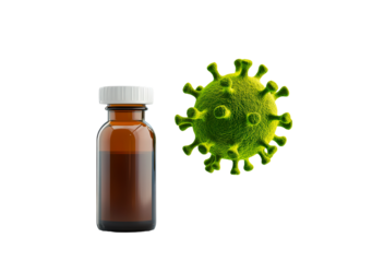 Pill bottle surrounded by virus isolated on transparent background