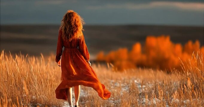 Woman in orange dress walking field