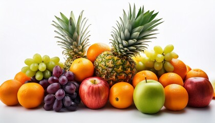 a pile of fresh fruits such as apples oranges and grapes with pineapples on top isolated on white background