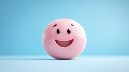 Joyful pink emoticon.  A cheerful, round, pink face with a wide smile and expressive eyes.  Soft, textured surface