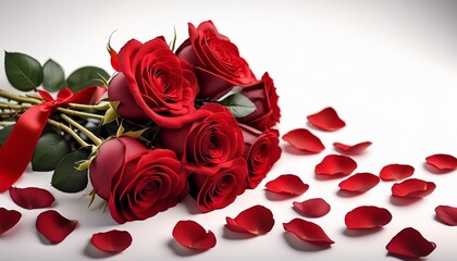 bouquet of red roses with scattered rose petals on white background