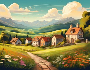 a picturesque illustrated townscape with charming homes nestled amidst rolling hills and a vibrant meadow in full bloom embodies peace