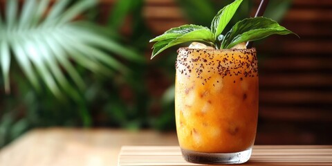 vibrant orange cocktail, possibly a Passionfruit Paloma or Tamarind Mojito, garnished with green leaves. Suitable for drink blogs, cocktail recipes, or bar promotions.