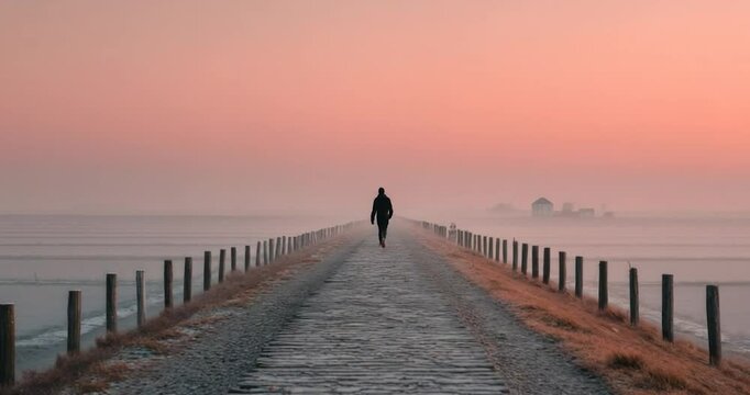 Silhouette of person walking on path during sunrise