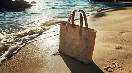 Linen beach bag on the shoreline