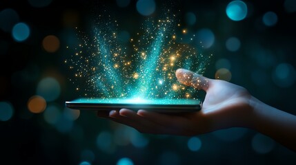 A hand holding a smartphone with glowing particles emerging from the screen.