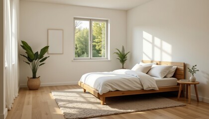 Bright and Serene Bedroom with Wooden Furniture and Green Plants