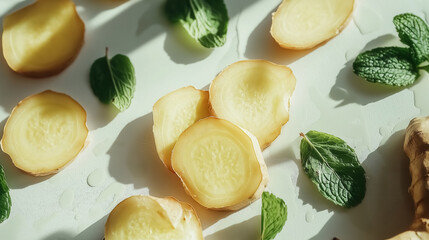 Ginger slices and a whole ginger root 