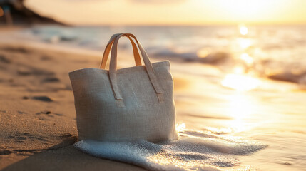 Linen beach bag on the shoreline