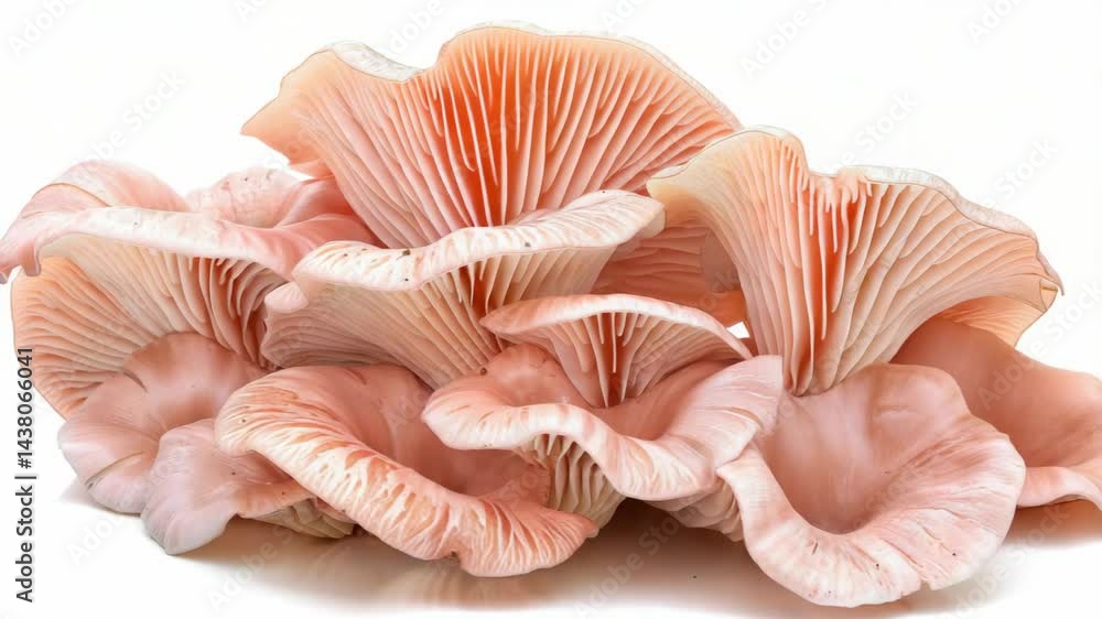 Poster a large group of pink mushrooms, with some of them being quite large. the mushrooms are arranged in 