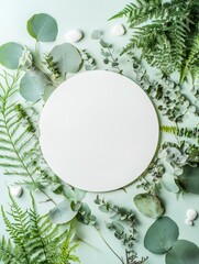 The image features a minimalist interior design setup, showcasing the decorative potential of a circular mirror paired with natural elements. The white circular mirror is placed atop a surface
