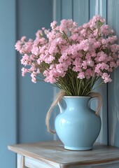 Fototapeta premium Pink flowers in a light blue ceramic vase