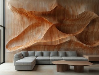 The image showcases a modern and stylish living room that features a prominent abstract sculpture wall art. The design is contemporary, with sleek lines and natural colors dominating the space. The