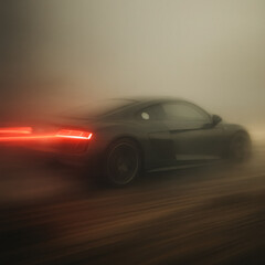 sportcar speeding through misty road with glowing taillights in motion blur, generative AI