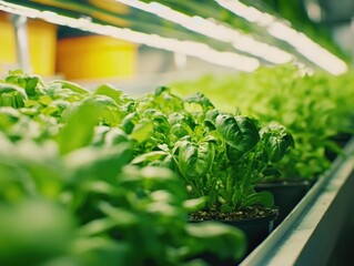 A vibrant and well-lit scene showcasing rows of basil plants with their lush green leaves growing in a hydroponic environment. The plants are neatly arranged in rectangular pots lined up on a conveyor